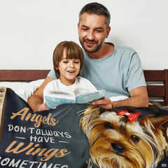 Detailed Yorkshire terrier art on a bedroom display arranged with yorkie dog pillows.