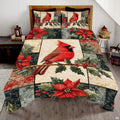 Winter bird bedding artwork featuring crimson cardinals, evergreen boughs, and holiday poinsettia blocks.