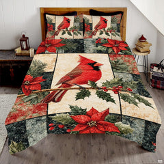 Winter bird bedding artwork featuring crimson cardinals, evergreen boughs, and holiday poinsettia blocks.