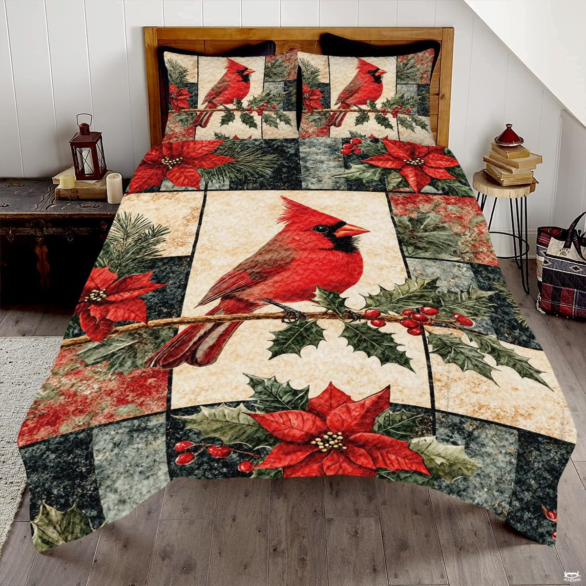 Winter bird bedding artwork featuring crimson cardinals, evergreen boughs, and holiday poinsettia blocks.
