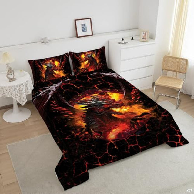 Angled bedroom view highlighting fantasy fire dragon bedding with matching printed pillow shams.