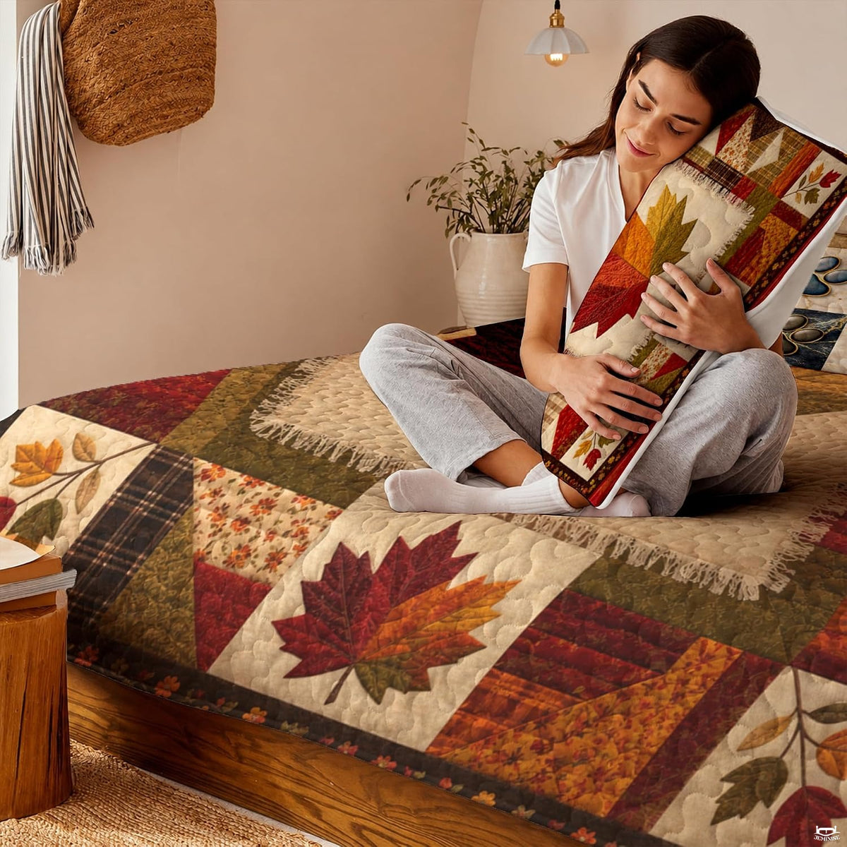 Full room display of patchwork maple leaf bedding set styled in an inviting country farmhouse bedroom