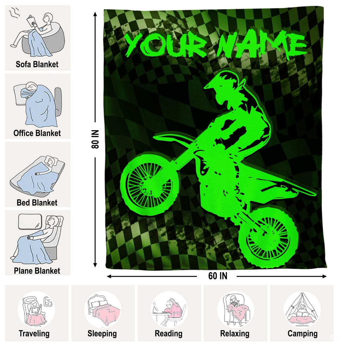 Neon green motocross throw blanket view 4 highlighting dirt bike jumper, checkered flag, and green background