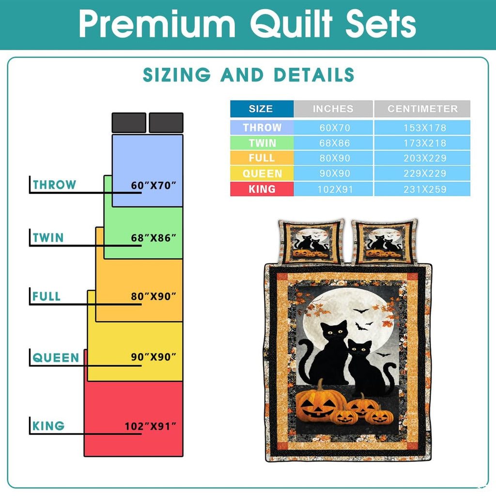 High-angle perspective of Halloween bedding set showcasing balanced geometric patchwork tiles and feline art across bed.