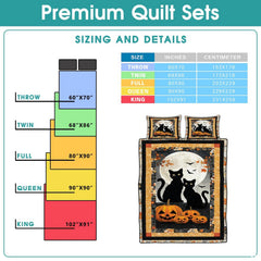 High-angle perspective of Halloween bedding set showcasing balanced geometric patchwork tiles and feline art across bed.