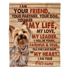 Yorkshire Terrier canine throw blanket featuring a pup portrait and sentiment script on wood planks.