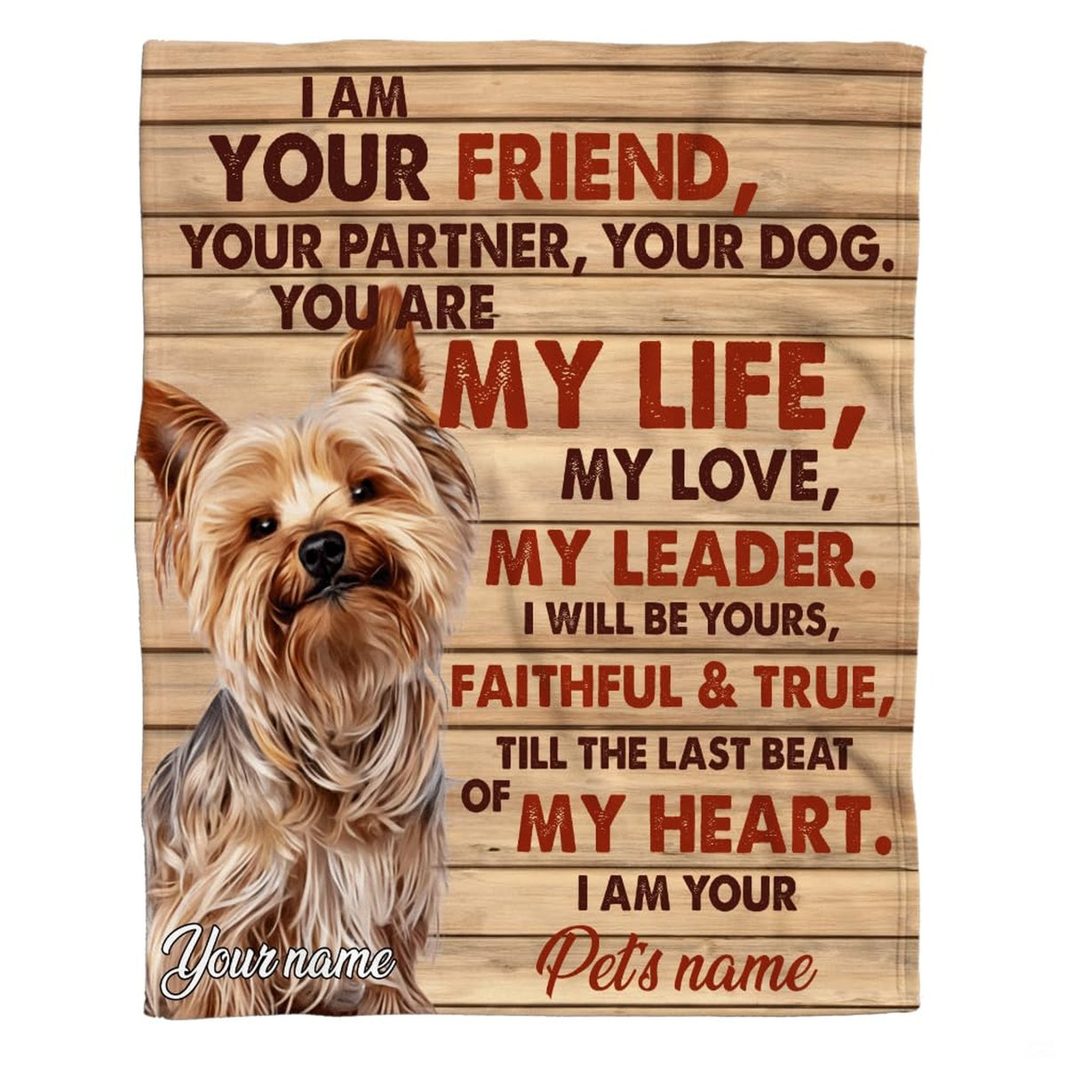Yorkshire Terrier canine throw blanket featuring a pup portrait and sentiment script on wood planks.