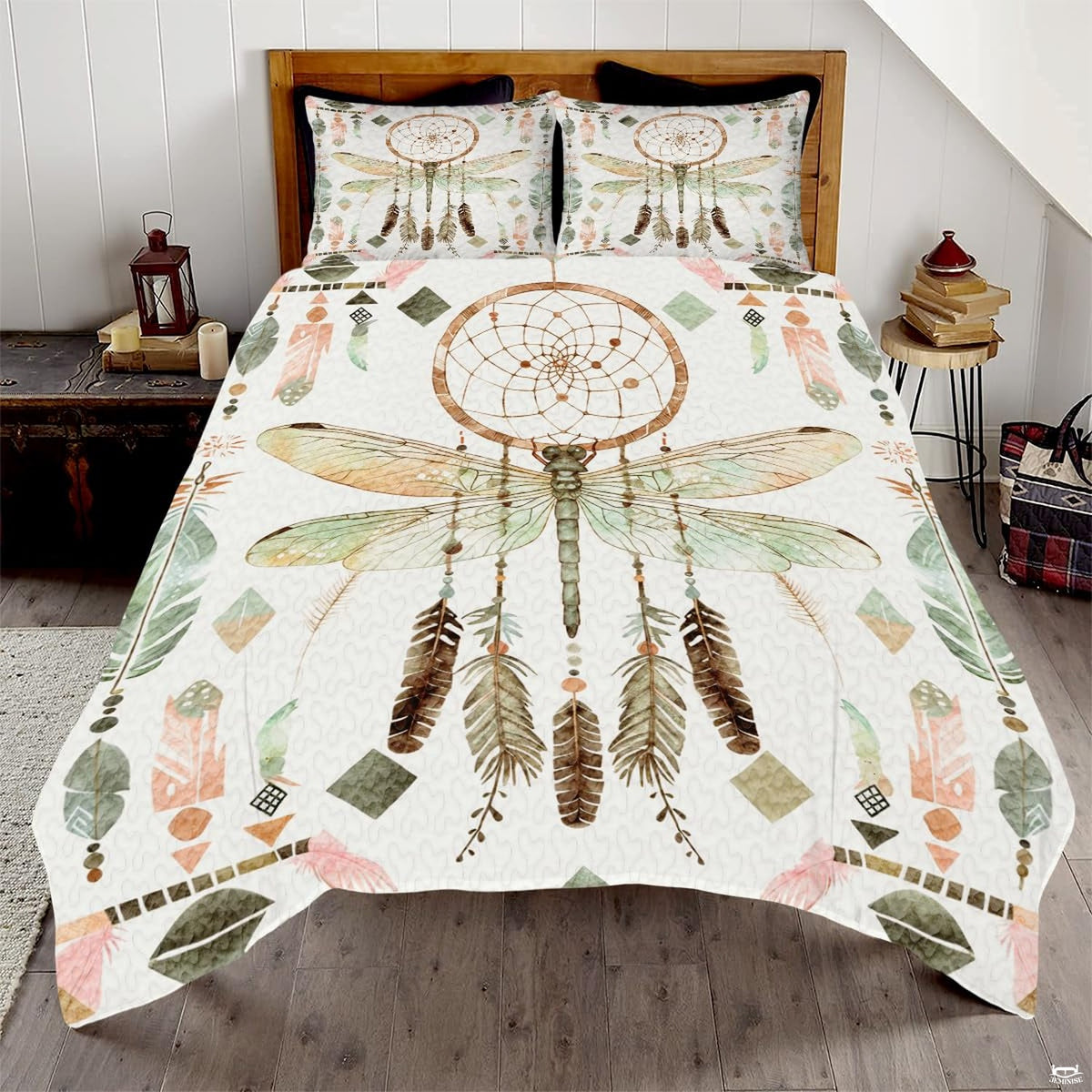 Dragonfly dreamcatcher bedding in a bright bedroom