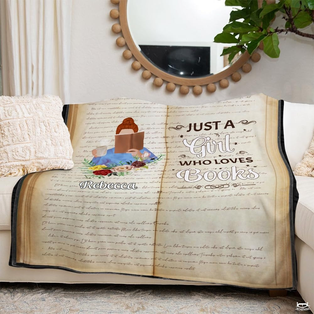 Personalized Girl Messy Bun Reading Book and Holding Mug Throw Blanket