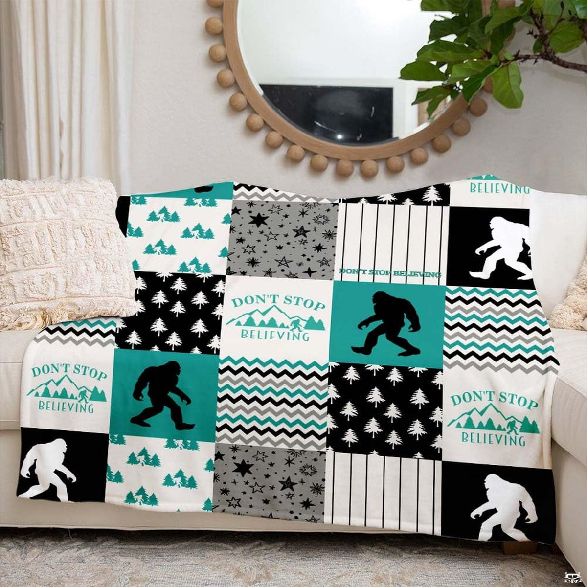 Patchwork grid display featuring Sasquatch silhouettes, mountains, and turquoise geometric patterns.