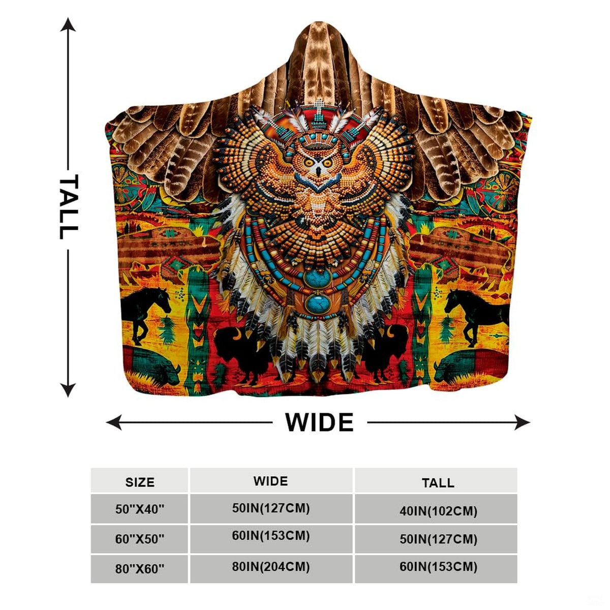 Beaded owl totem throw blanket view 3 highlighting beaded owl eyes, turquoise gems, and Southwestern patterns