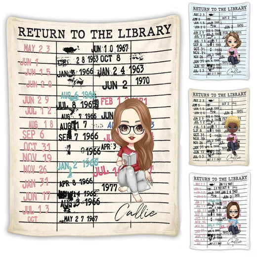 Library due date card blanket featuring vintage stamped return dates and illustrated girl reader on aged paper.