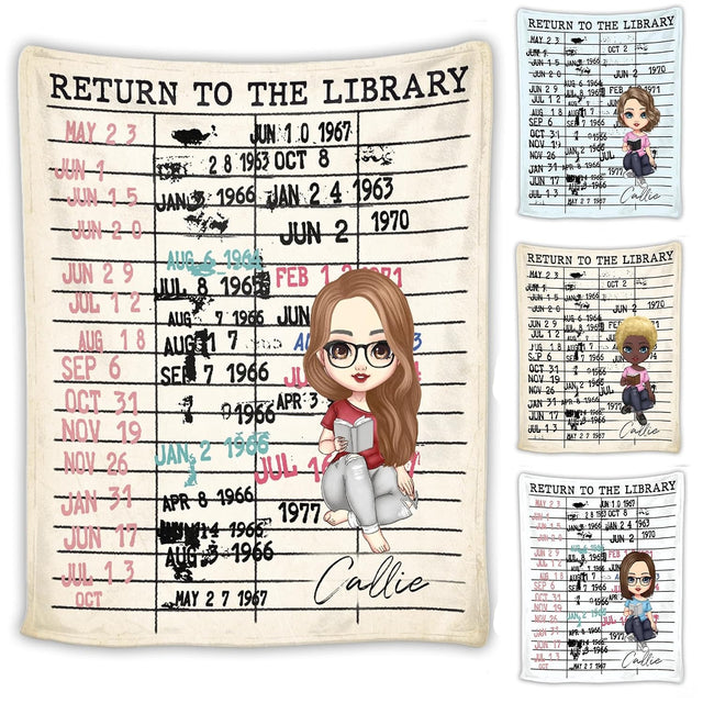 Library due date card blanket featuring vintage stamped return dates and illustrated girl reader on aged paper.
