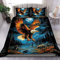 Soaring bald eagle under thematic accent moon artwork on midnight navy wildlife bedding set