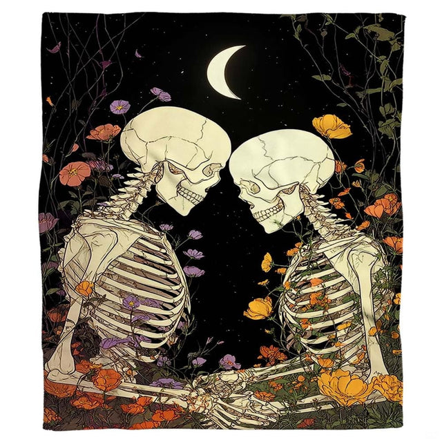 Intertwined skeleton lovers surrounded by wildflowers under crescent moon, view 2.