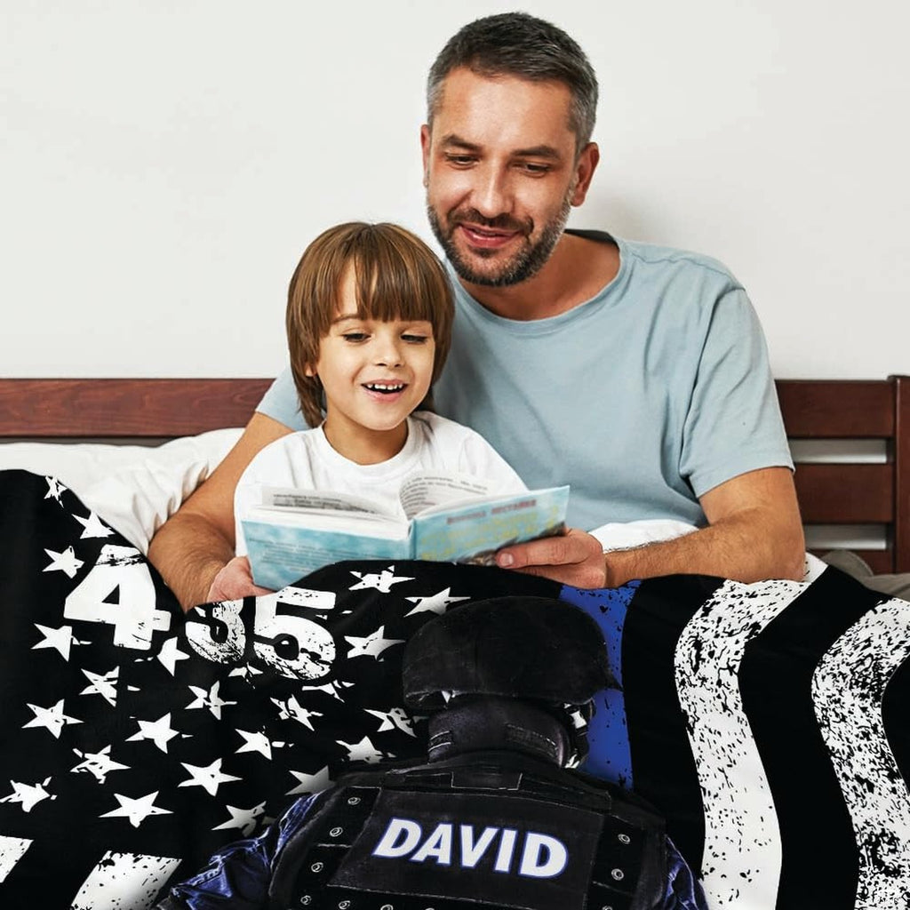 Close view of tactical officer vest and Thin Blue Line graphic blanket