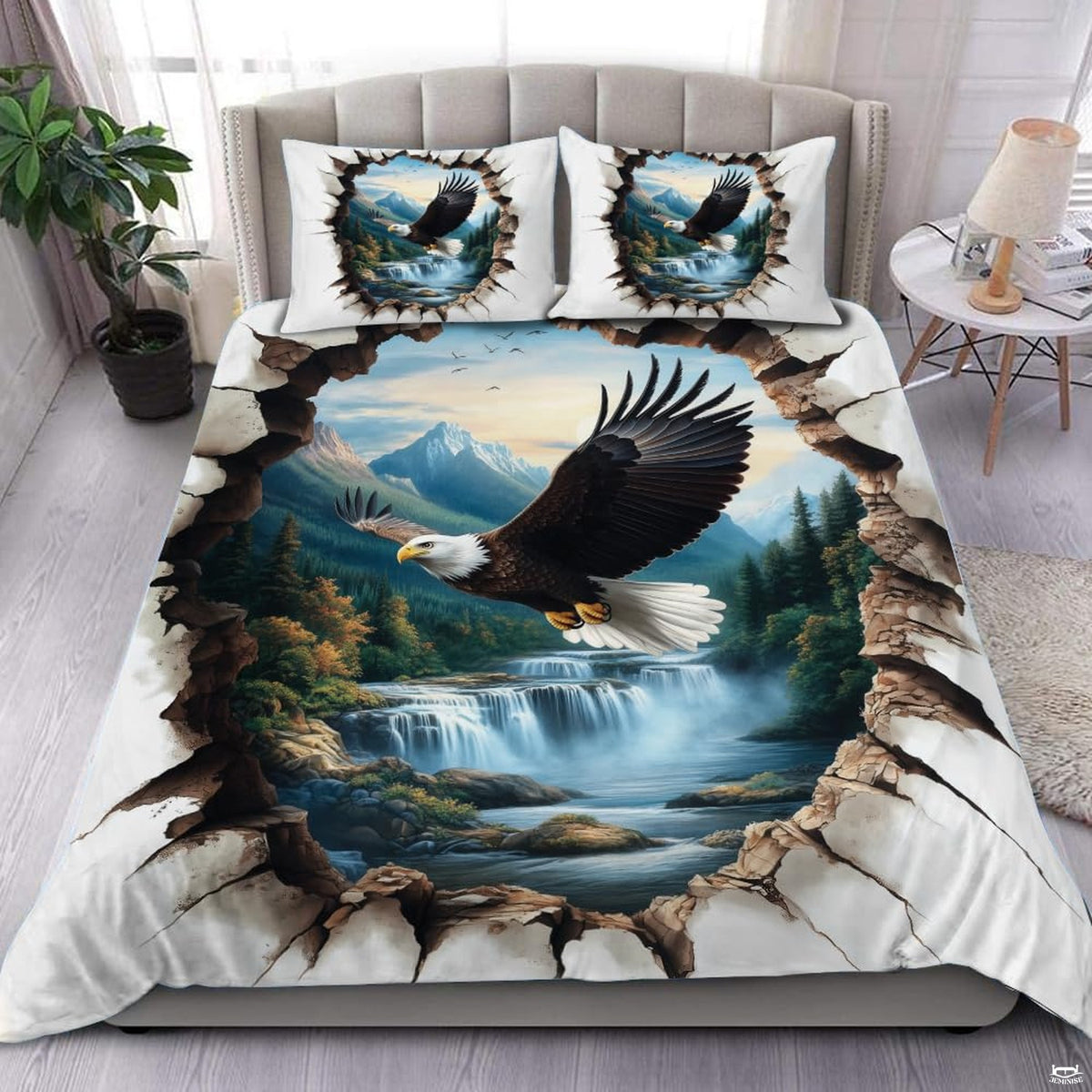 Cracked wall bald eagle soaring mountain bedding set displayed neatly on a bed in a rustic cabin bedroom