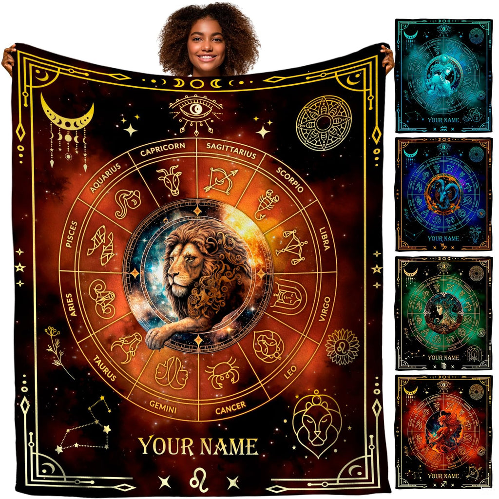 Model holding up a celestial blanket displaying a lion portrait within a golden astrological zodiac wheel.