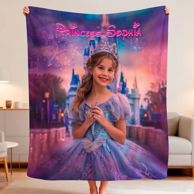 Fairytale princess twilight castle portrait blanket held open showcasing royal ballgown and palace