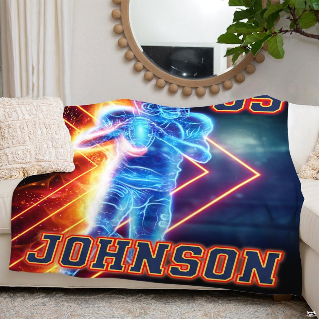 Electric neon blue football player with fiery chevron laser lines and varsity lettering, view 3.