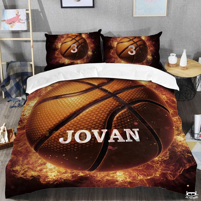 Personalized Basketball Burning Flames Comforter with Name and Number