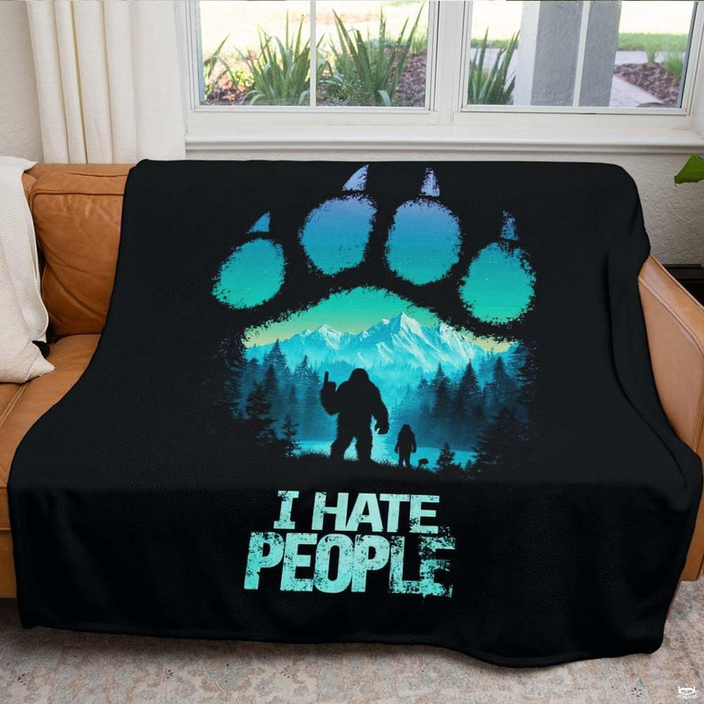 Bear paw print framing Bigfoot and alpine mountains with distressed humor typography, view 5.