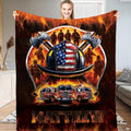 Firefighter helmet with American flag shield, crossed axes, and fire trucks graphic print on Blanket.