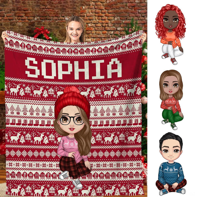 Nordic Fair Isle Christmas throw blanket featuring a cute chibi anime girl, reindeer, and snowflakes.