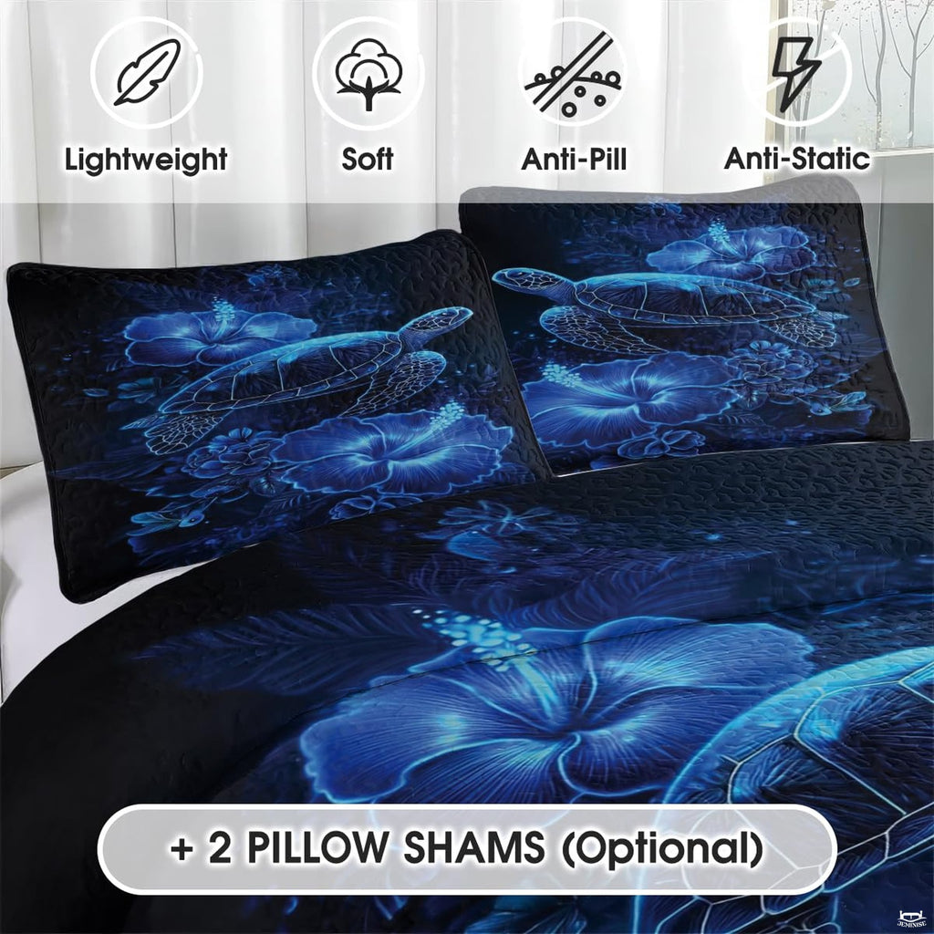 Stylized master bedroom setup highlighting the electric turquoise turtle design against coastal blue bedroom paint.