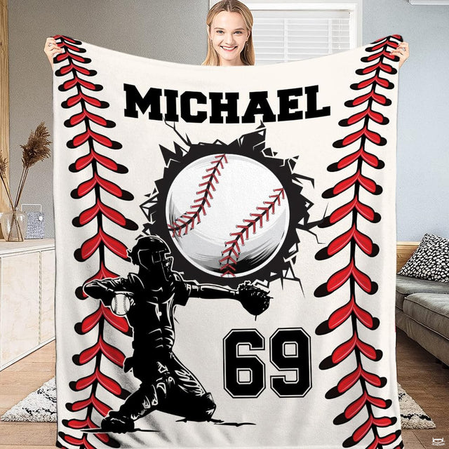 Baseball sports theme crib bedding set with red seam borders and athletic catcher silhouette.