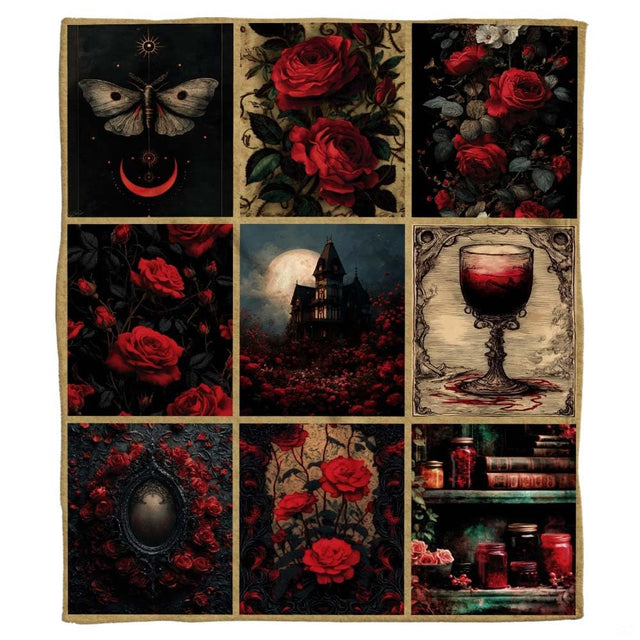 Gothic rose bedding showcasing a nine-panel dark Victorian collage with red blooms, a crescent moon, and parchment borders.