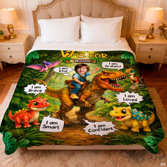 Rainforest bedding set display highlighting rich foliage and cheerful cartoon dinosaur friends.