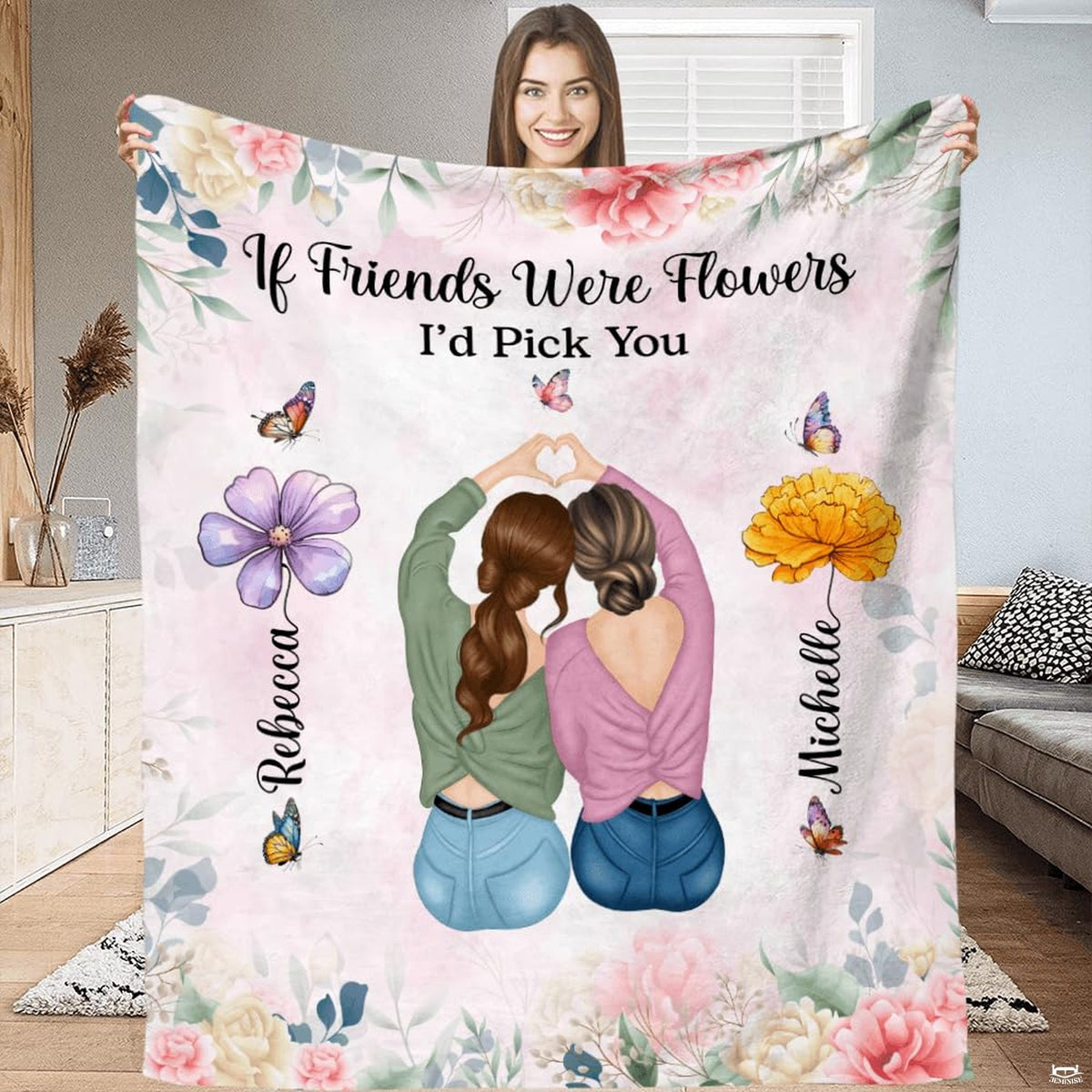 Artistic bedding set displaying two best thematic accent forming hand heart among lush garden flora.