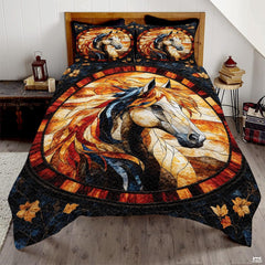 Horse Patchwork Pattern Quilt Set, Vintage Animal Quilt Printed Patchwork Style, Horse Printed Bedset Full Queen Size Quilts Bedspread, Best Gift for Bedroom Decor