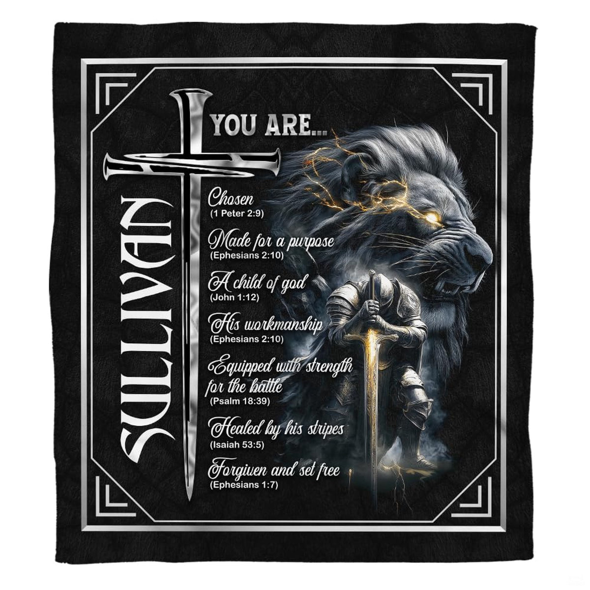 Spiritual armor lion and kneeling knight blanket overhead layout
