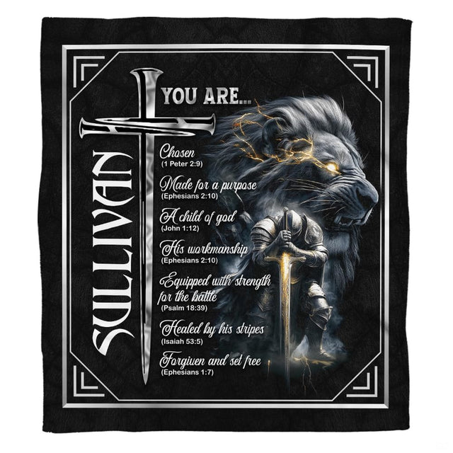 Spiritual armor lion and kneeling knight blanket overhead layout