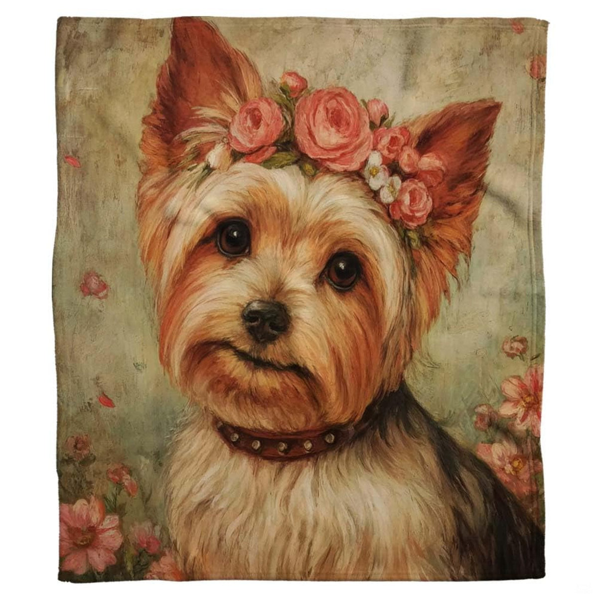 Close-up of the painted Yorkie face highlighting pink rose blossoms, gentle dark eyes, and studded collar on a blanket
