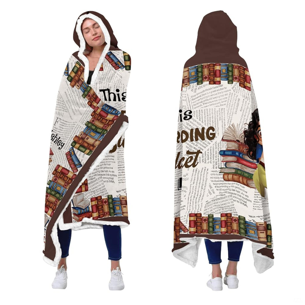 Model wearing bookish novel throw blanket showing front and back views with bookshelf perimeter print