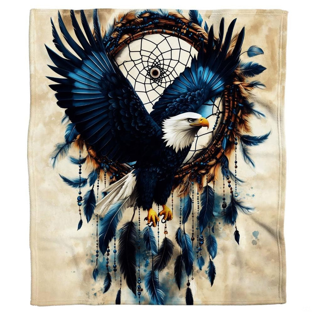 Bald eagle dreamcatcher throw blanket view 2 highlighting eagle wings, beads, and hanging feathers