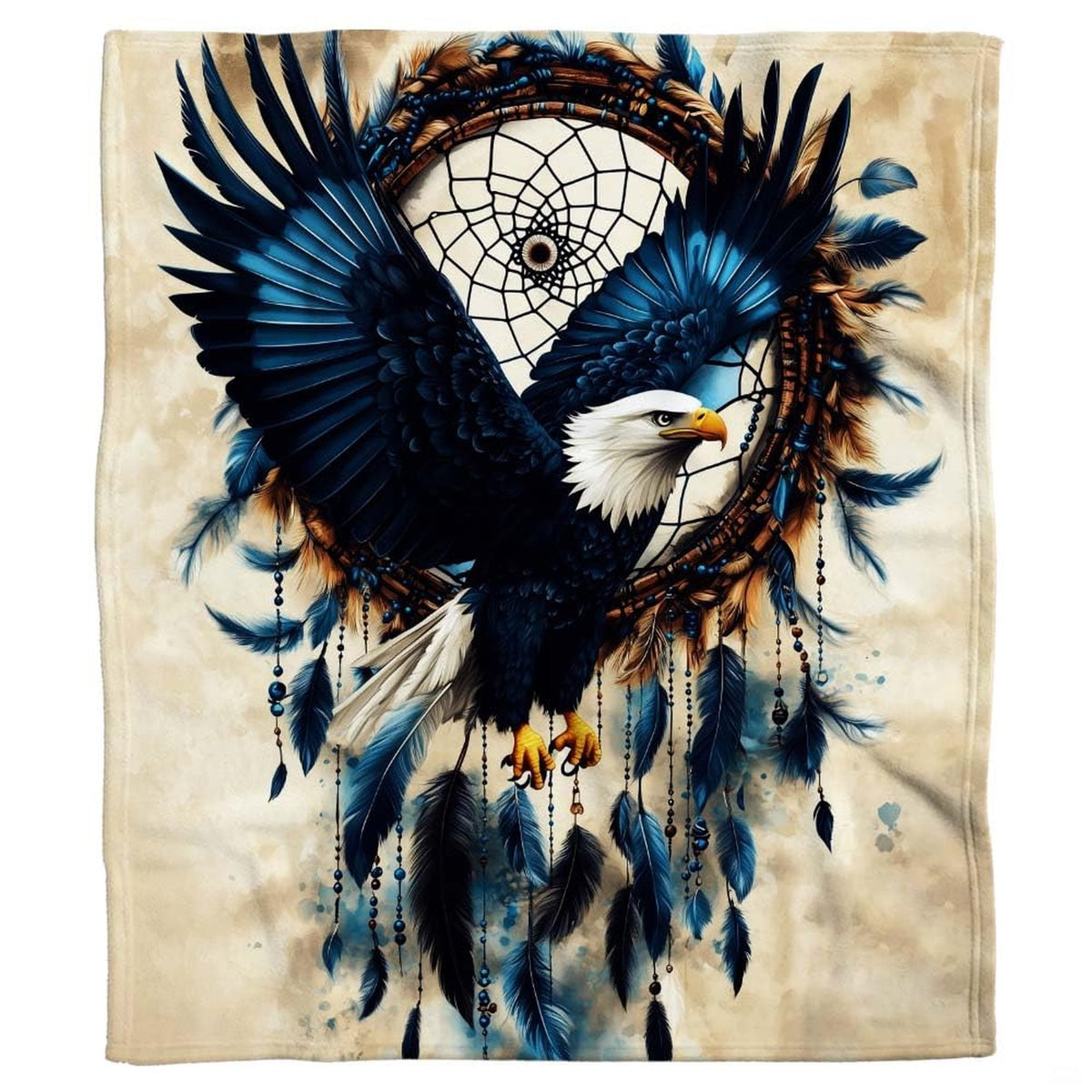 Bald eagle dreamcatcher throw blanket view 2 highlighting eagle wings, beads, and hanging feathers