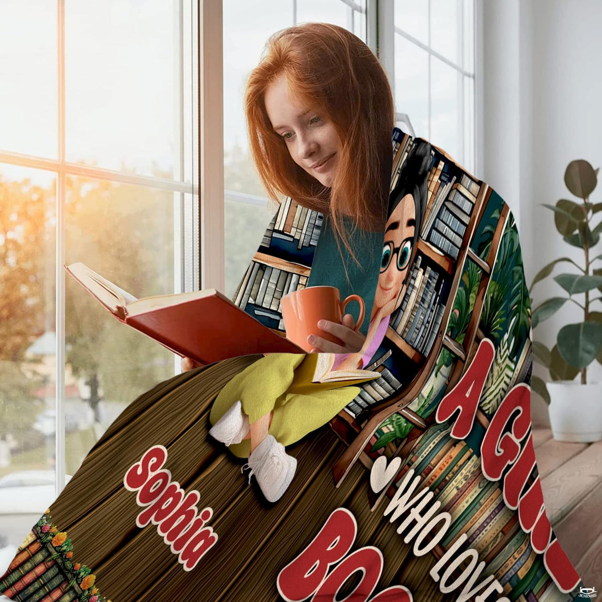 Library ladder bookshelf throw blanket draped over a living room sofa creating a scholarly room accent.