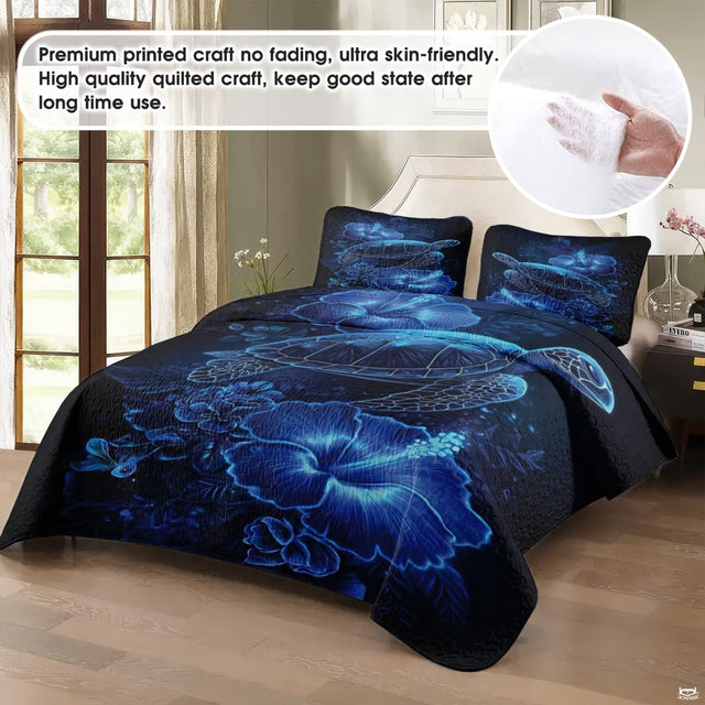 Detailed visual presentation of neon cyan sea turtle gliding through vivid coastal blue bedroom decor motifs.