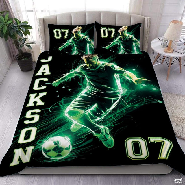 Custom Neon Green Soccer Player Artwork Comforter Set, Boys Room Decor