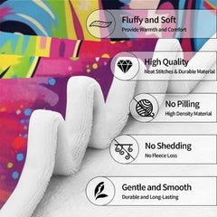 Overhead layout of rainbow canine graphic bedding showcasing vivid electric blue and sunny yellow tones.