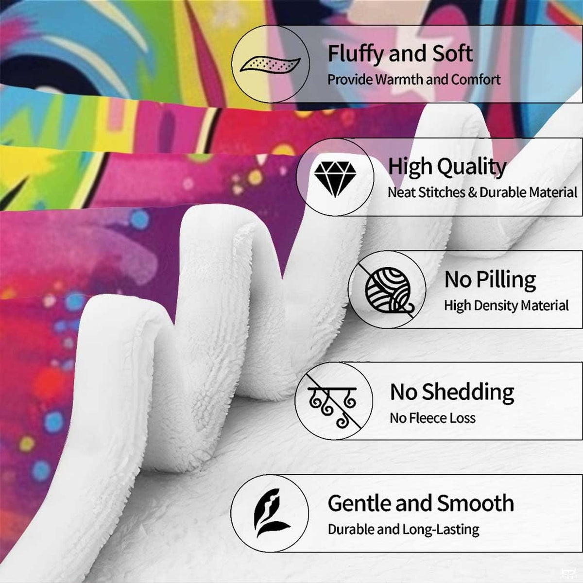 Overhead layout of rainbow canine graphic bedding showcasing vivid electric blue and sunny yellow tones.