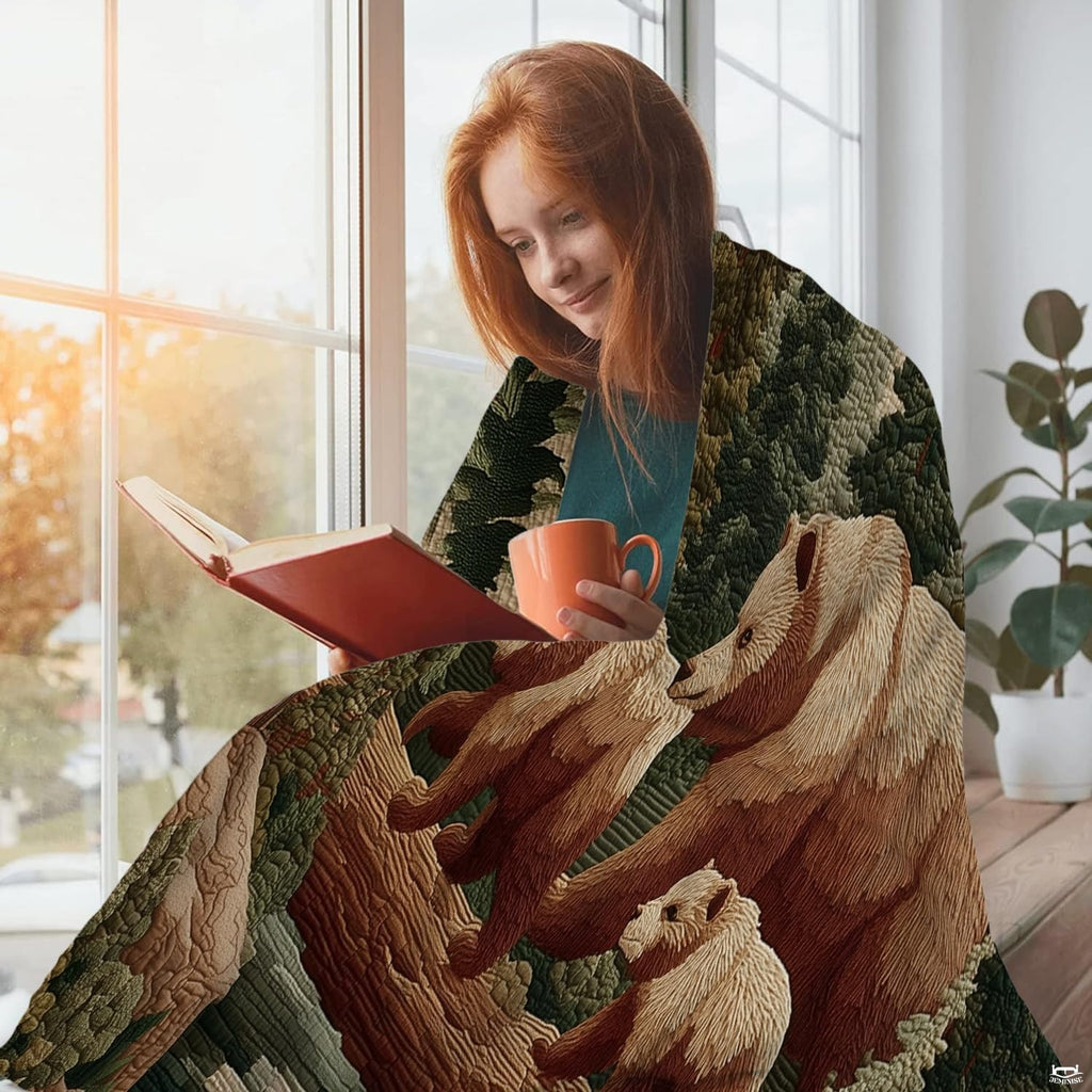 Close-up view of the rustic grizzly bear family illustration and stylized evergreen pine branches in deep earth tones.