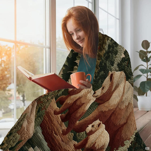 Close-up view of the rustic grizzly bear family illustration and stylized evergreen pine branches in deep earth tones.