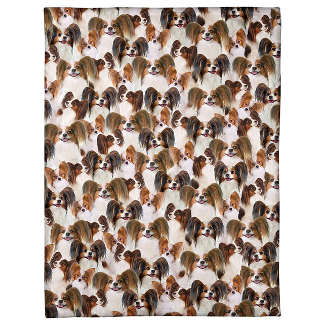 Papillon dog breed collage blanket featuring all-over photo pattern of butterfly-eared dogs.