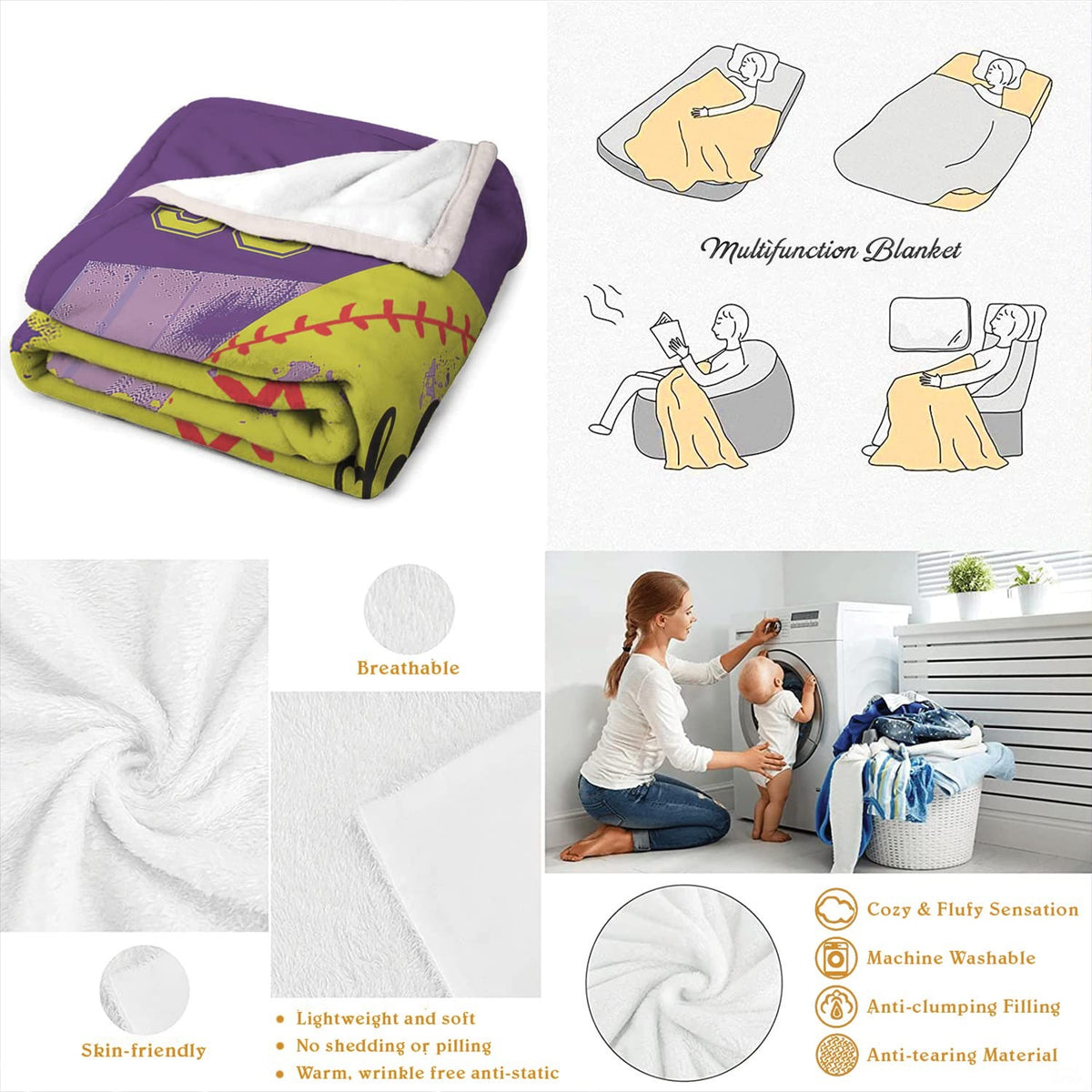 Neatly folded purple softball throw blanket displayed on wooden surface showcasing clean edge borders