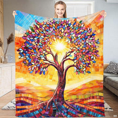Stained glass bed aesthetic showcasing a vibrant tree of life mosaic pattern in vivid jewel tones.